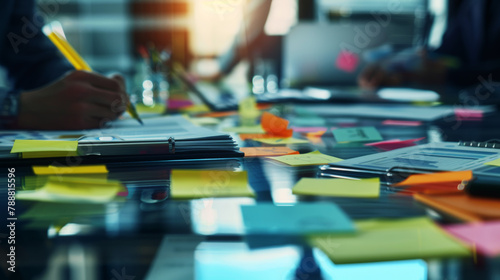 A dynamic brainstorm session mapped out with vibrant sticky notes and busy hands.