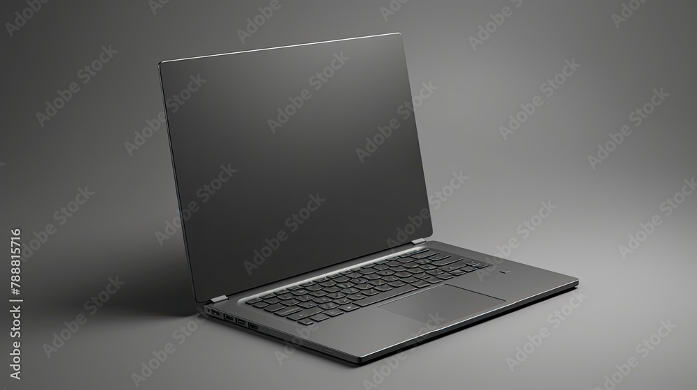 Laptop open with blank screen on dark background. 3D illustration. Laptop open with blank screen on dark background. 3D illustration.
