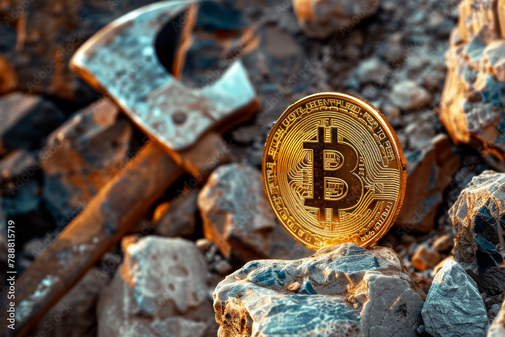 Bitcoin coin centralized between crossed pickaxes on a rocky surface. Cryptocurrency mining concept.