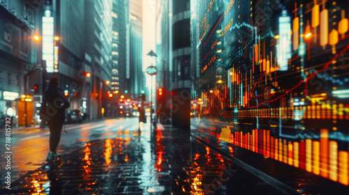Rain-soaked city street illuminating financial data projections at night.