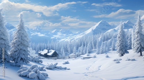 A winter wonderland of snow-covered trees and mountains with a cozy cabin nestled in the valley. photo