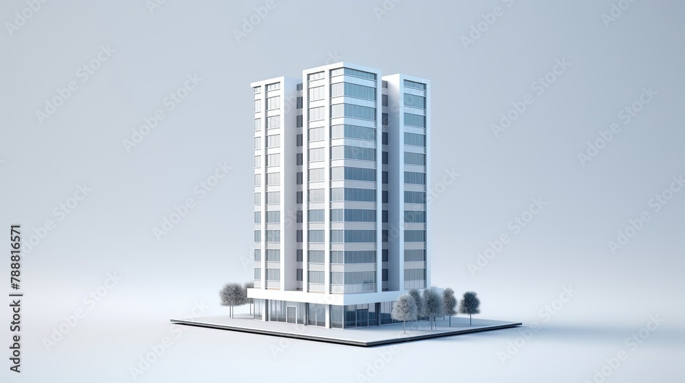 3D rendering of a modern office building with large windows and trees in front of it. The building is white and has a simple, modern design. 3D rendering of a modern office building with large windows and trees in front of it. The building is white and has a simple, modern design.