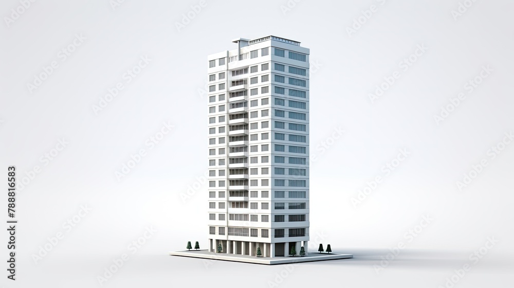 3D rendering of a modern high-rise apartment building with glass windows and a flat roof isolated on a white background.