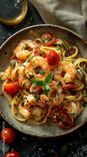 Beautiful presentation of Shrimp scampi pasta, hyperrealistic food photography