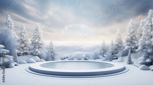 3D rendering of a winter landscape. A large, round stage sits in the center of a snowy forest. © BozStock