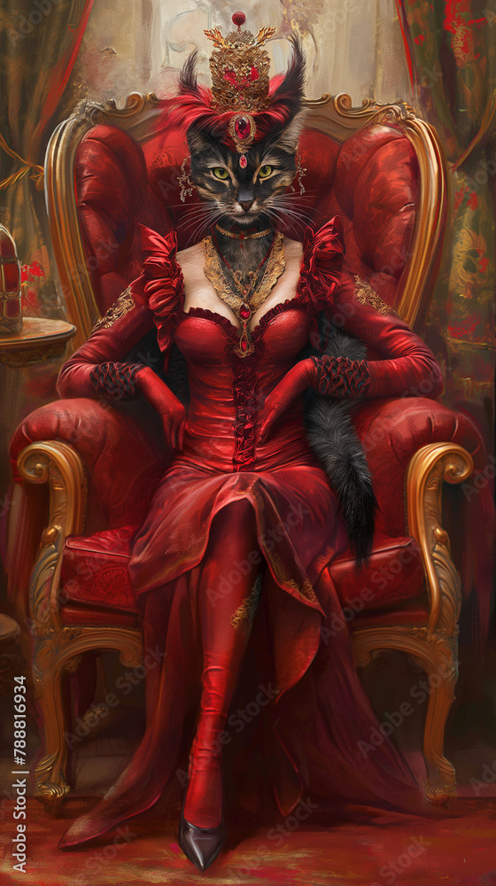 Illustration a whimsical woman-cat convergence. Regal feline sovereign in a red dress sitting on a throne.