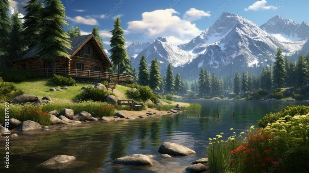 Naklejka premium A beautiful lakeside cabin nestled in the mountains. The perfect place to relax and enjoy the peace and quiet of nature.