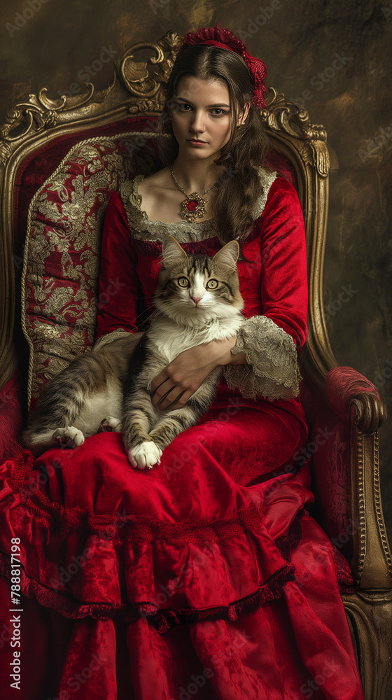 Photo-like illustration noble woman in red with a royal tabby cat on a vintage throne.