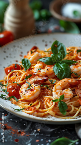 Beautiful presentation of Shrimp Linguine with Tomato Cream Sauce, hyperrealistic food photography © Food Cart