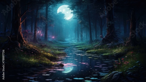 The full moon rises over a tranquil forest, casting a silvery glow on the trees and the water.