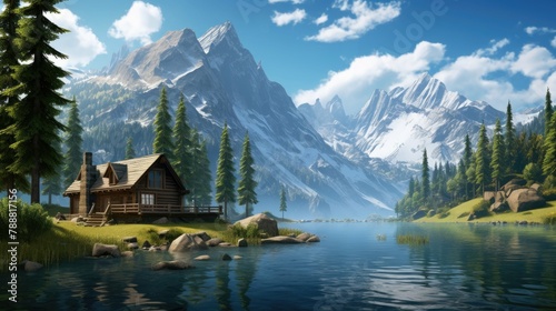 A beautiful lakeside cabin nestled in the mountains. The perfect place to relax and enjoy the peace and quiet of nature. © BozStock
