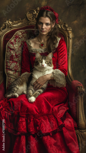 Photo-like illustration noble woman in red with a royal tabby cat on a vintage throne.