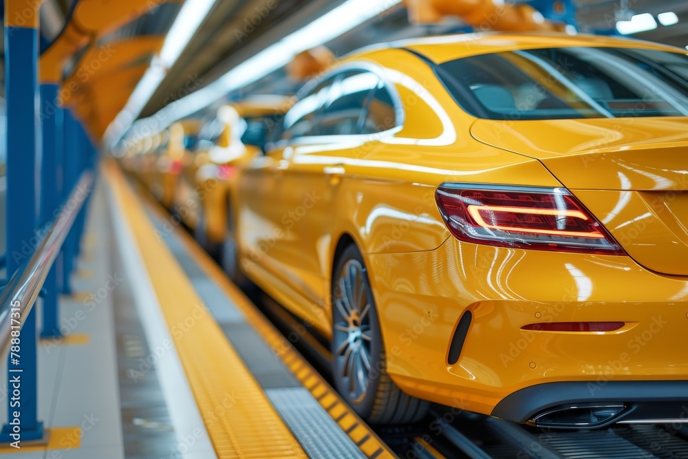 Obraz premium Close Up of a Yellow Car on a Conveyor Belt