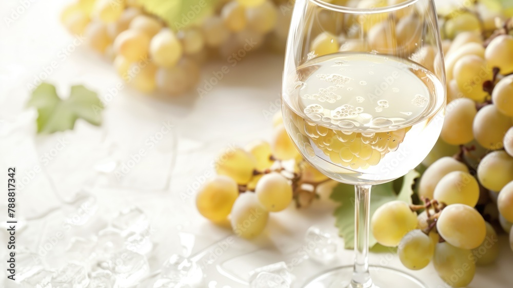 Glass of white wine with grapes on table