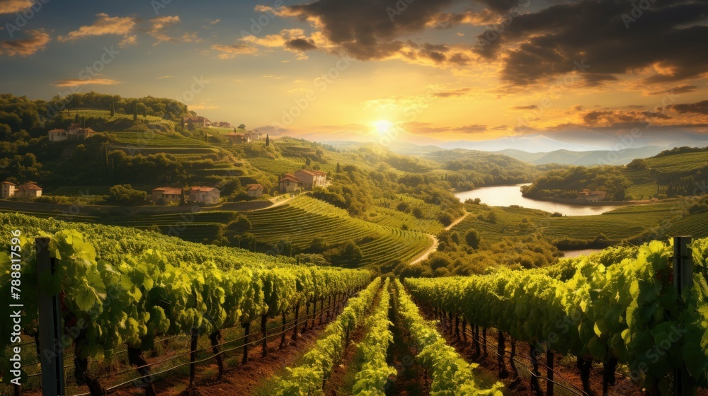 Amazing landscape with endless rows of grape vines. The sun is setting behind the hills, casting a warm glow over the scene. Amazing landscape with endless rows of grape vines. The sun is setting behind the hills, casting a warm glow over the scene.