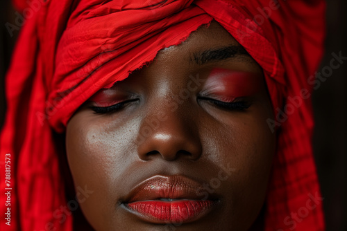 A black woman wearing a red head covering revewling only her eyes