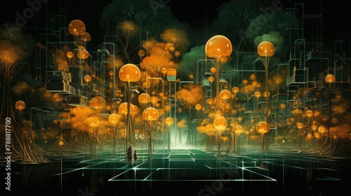 The image is a surreal landscape with a grid of glowing orange orbs. The orbs are arranged in a grid pattern and appear to be floating in the air. photo