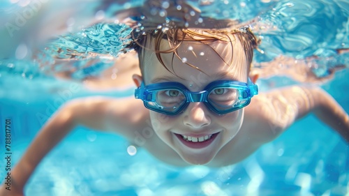Young child swimming underwater in pool, wearing goggles, smiling at camera