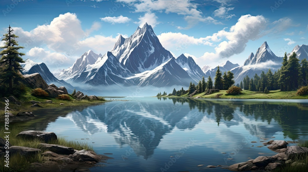 Naklejka premium The image is of a beautiful mountain landscape with a lake in the foreground. The water is calm and clear, reflecting the sky and mountains.