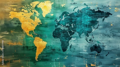 Colorful art world map. Background in green, blue and yellow, backdrop