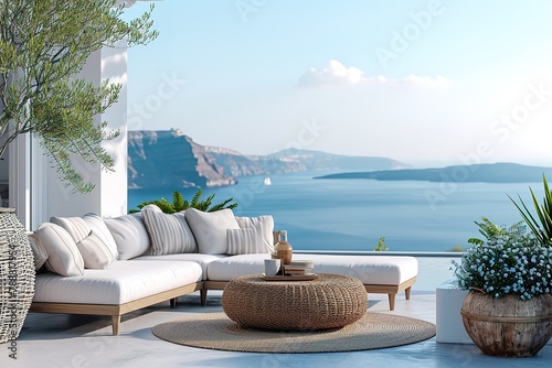 Close-Up of Luxurious lounge on a Traditional Greek Island Terrace with a Stunning Sea View