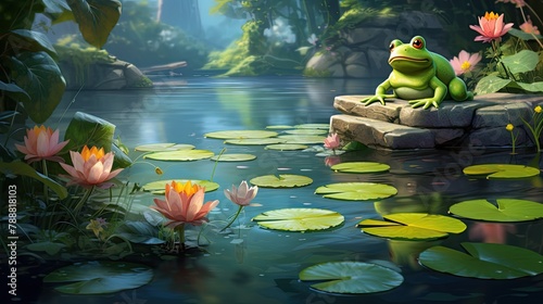 A beautiful pond with lily pads and a cute frog sitting on a rock. The water is clear and you can see the reflection of the trees and sky. photo