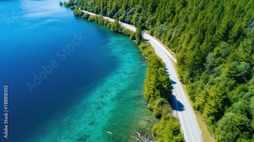 The image shows an aerial view of a road winding through a lush green forest along a pristine lake. The water is crystal clear. © BozStock