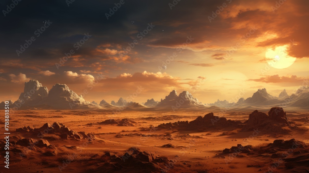 A beautiful landscape of a desert planet with two moons. The scene is bathed in warm golden light. A beautiful landscape of a desert planet with two moons. The scene is bathed in warm golden light.