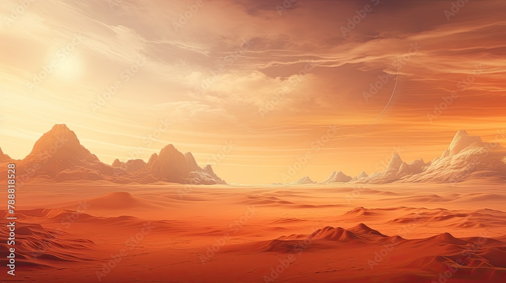 Naklejka premium A beautiful landscape of a desert planet with a large mountain range in the distance. The sky is a gradient of orange and yellow.