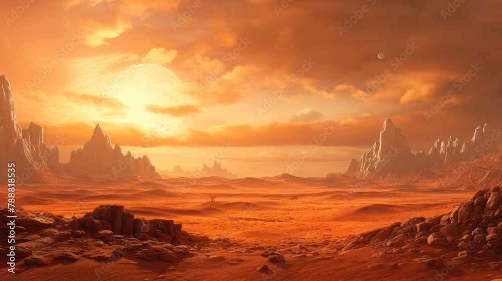A vast and desolate desert landscape with a large sun in the distance, casting a warm glow over the scene. A vast and desolate desert landscape with a large sun in the distance, casting a warm glow over the scene.