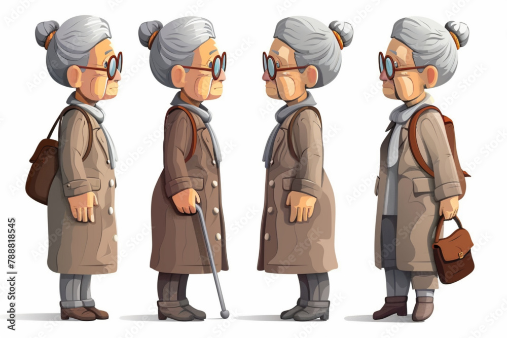Grandmother wearing glasses. An elderly woman with a bag and a cane in her hands. Vector illustration 3D avatars set vector icon, white background, black colour icon