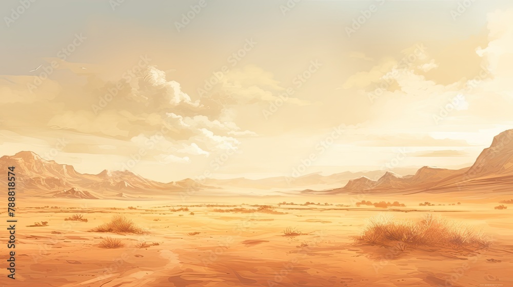 This is a beautiful landscape of a desert. The foreground is a vast expanse of sand, with a few hardy bushes dotting the landscape.