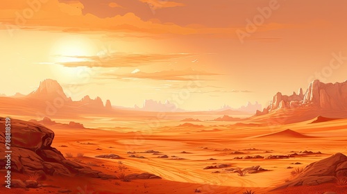 This is a beautiful landscape of a desert with a large rock in the foreground. The background is filled with sand dunes and mountains.
