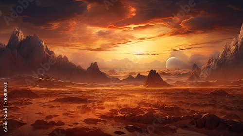 A beautiful landscape of a desert planet with two suns. The foreground is a rocky desert with a large rock formation in the center.