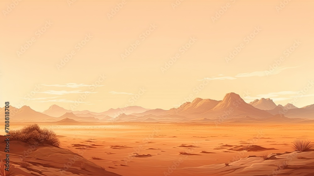 Naklejka premium This is a beautiful landscape of a desert with mountains in the background. The warm colors of the sand and sky create a peaceful and serene scene.