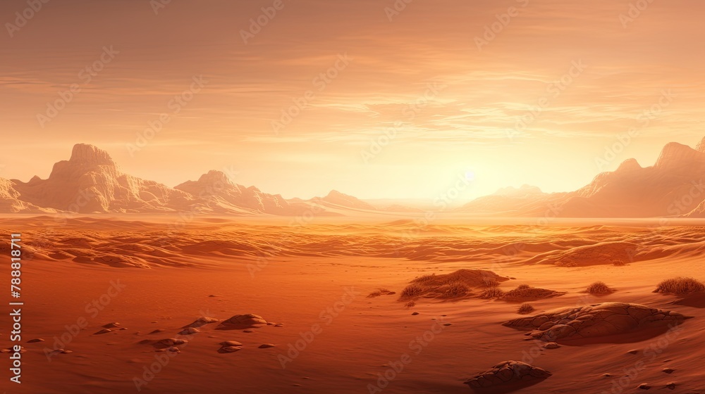 A vast and desolate desert landscape with a rocky mountain range in the distance. The ground is covered in red sand and there is no sign of life. A vast and desolate desert landscape with a rocky mountain range in the distance. The ground is covered in red sand and there is no sign of life.