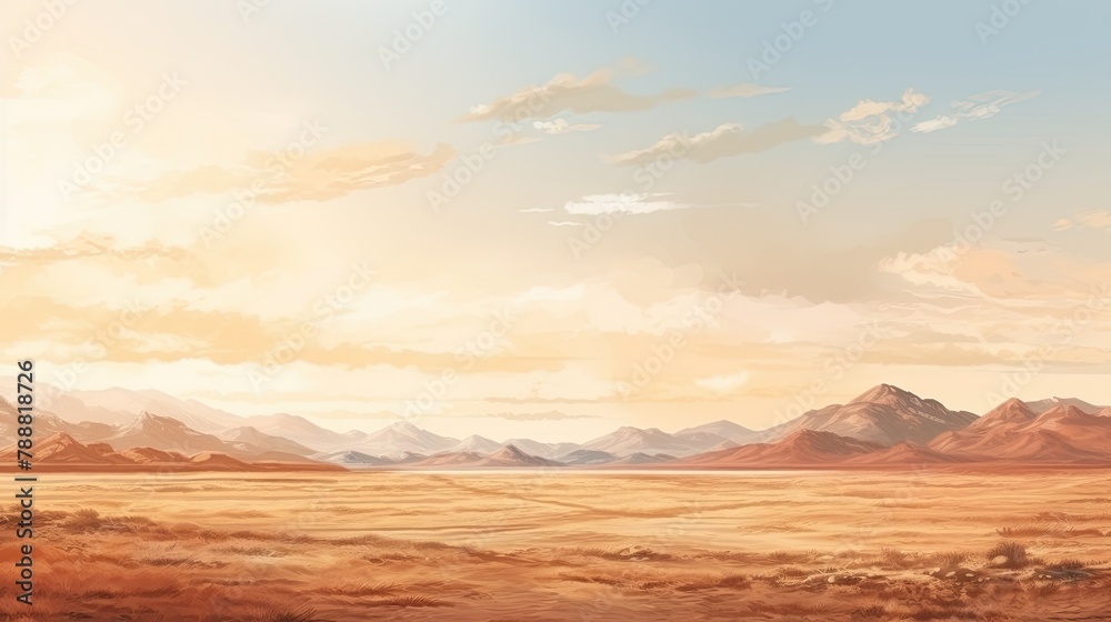 Fototapeta premium An epic landscape of a vast desert with rugged mountains in the distance. The foreground is a barren wasteland with sparse vegetation.