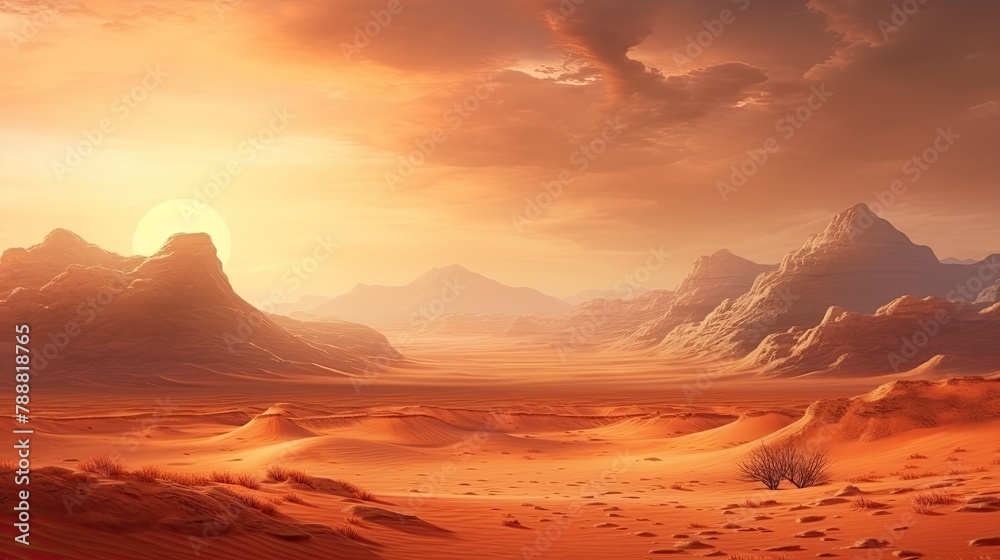 Naklejka premium A vast and desolate desert landscape with a large sun rising over the horizon. The ground is covered in sand and there are mountains in the distance.