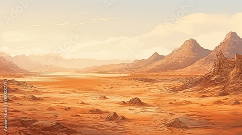 This is a beautiful landscape of a desert with large rock formations in the foreground and a mountain range in the background.