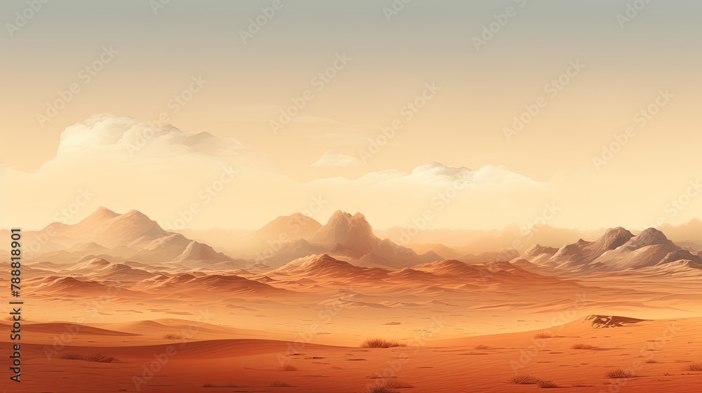 Fototapeta premium This is a beautiful landscape of a desert with mountains in the background. The warm colors and soft light create a peaceful and serene scene.