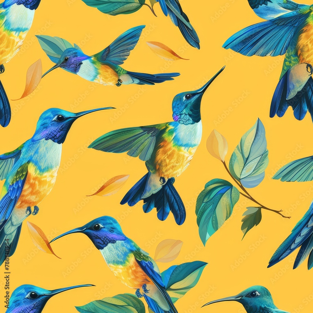 Obraz premium seamless pattern, nature Illustration of blue and green hummingbirds on amber background, backdrop
