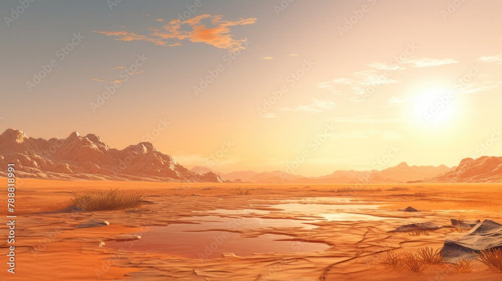 A vast and desolate desert landscape with a mountain range in the distance. A vast and desolate desert landscape with a mountain range in the distance.