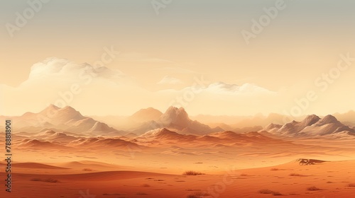 This is a beautiful landscape of a desert with mountains in the background. The warm colors and soft light create a peaceful and serene scene.