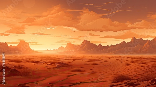 An illustration of a vast desert landscape with a mountain range in the distance. © BozStock