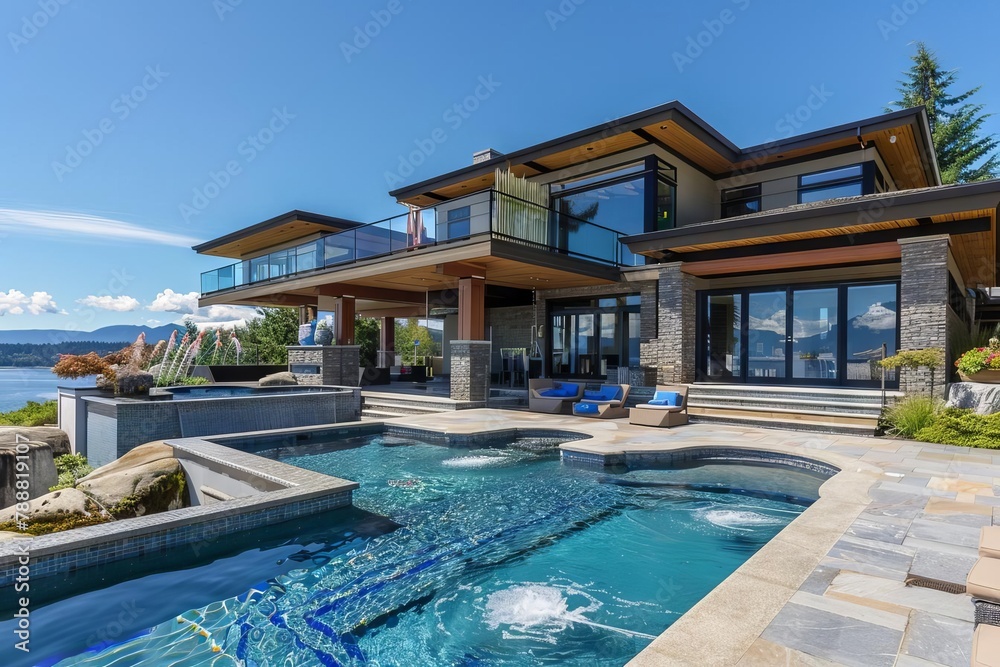 modern luxury home exterior with large swimming pool and water jets on sunny day
