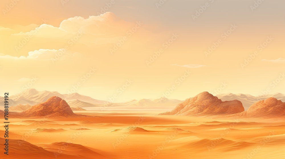 Fototapeta premium This is a beautiful landscape of a desert with large rock formations. The warm colors of the sand and sky create a peaceful and serene scene.