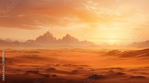 This is a beautiful landscape of a desert at sunset. The warm colors of the sand and sky create a peaceful and serene scene.