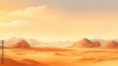 This is a beautiful landscape of a desert with large rock formations. The warm colors of the sand and sky create a peaceful and serene scene.