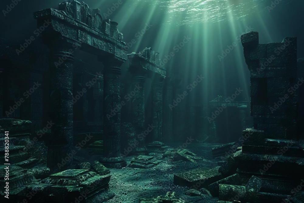 mysterious ancient underwater city ruins discovered sunken civilization remains dramatic lighting 3d render