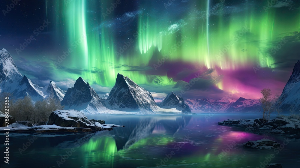 Majestic mountains and aurora borealis reflected in the calm water of the lake.